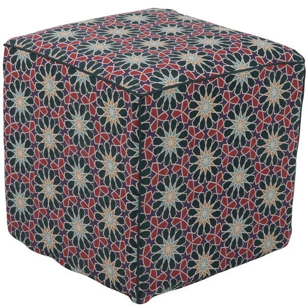 18" Dark Green and Red Floral Patterned Cotton Square Pouf Ottoman - N/A