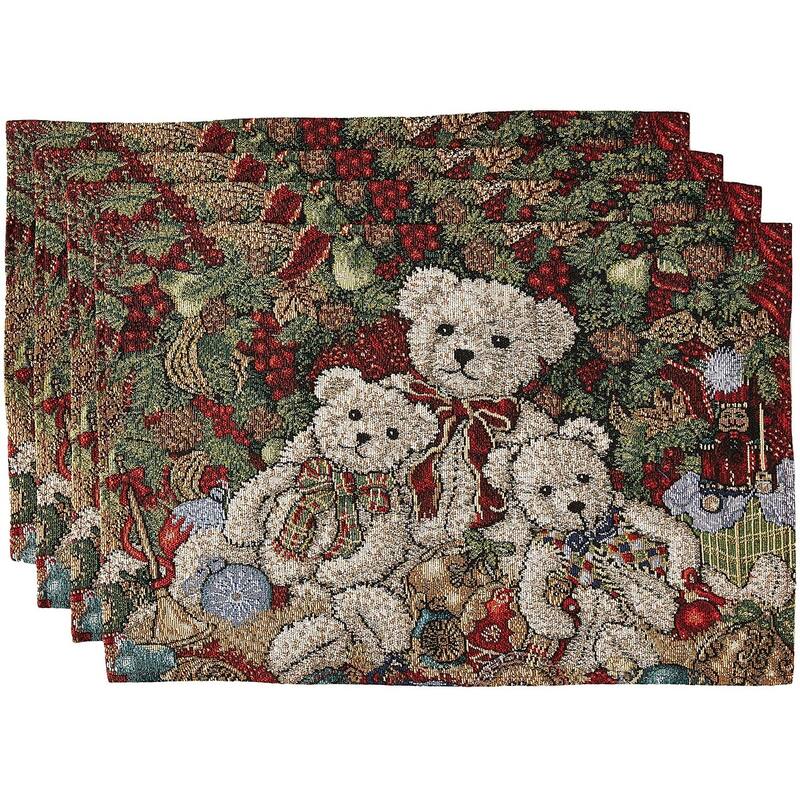 Violet Linen Seasonal Xmas Christmas Holiday Tapestry Pattern, 13" X 19" Rectangler, Set of 4, Decorative Place Mats - 13" x 19" - Teddy Bear
