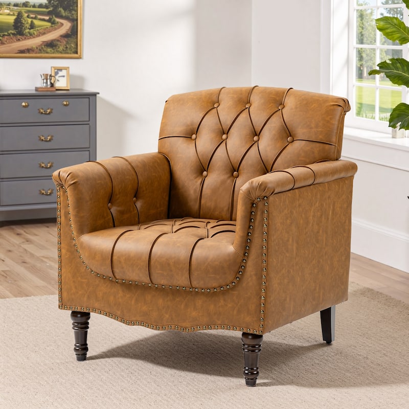 Tufted Accent Chair Vegan Leather Armchair for Living Room - Camel