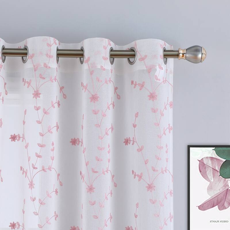 Whizmax Sheer Curtains Leaf Embroidered Grommet Voile Drapes for Living ...