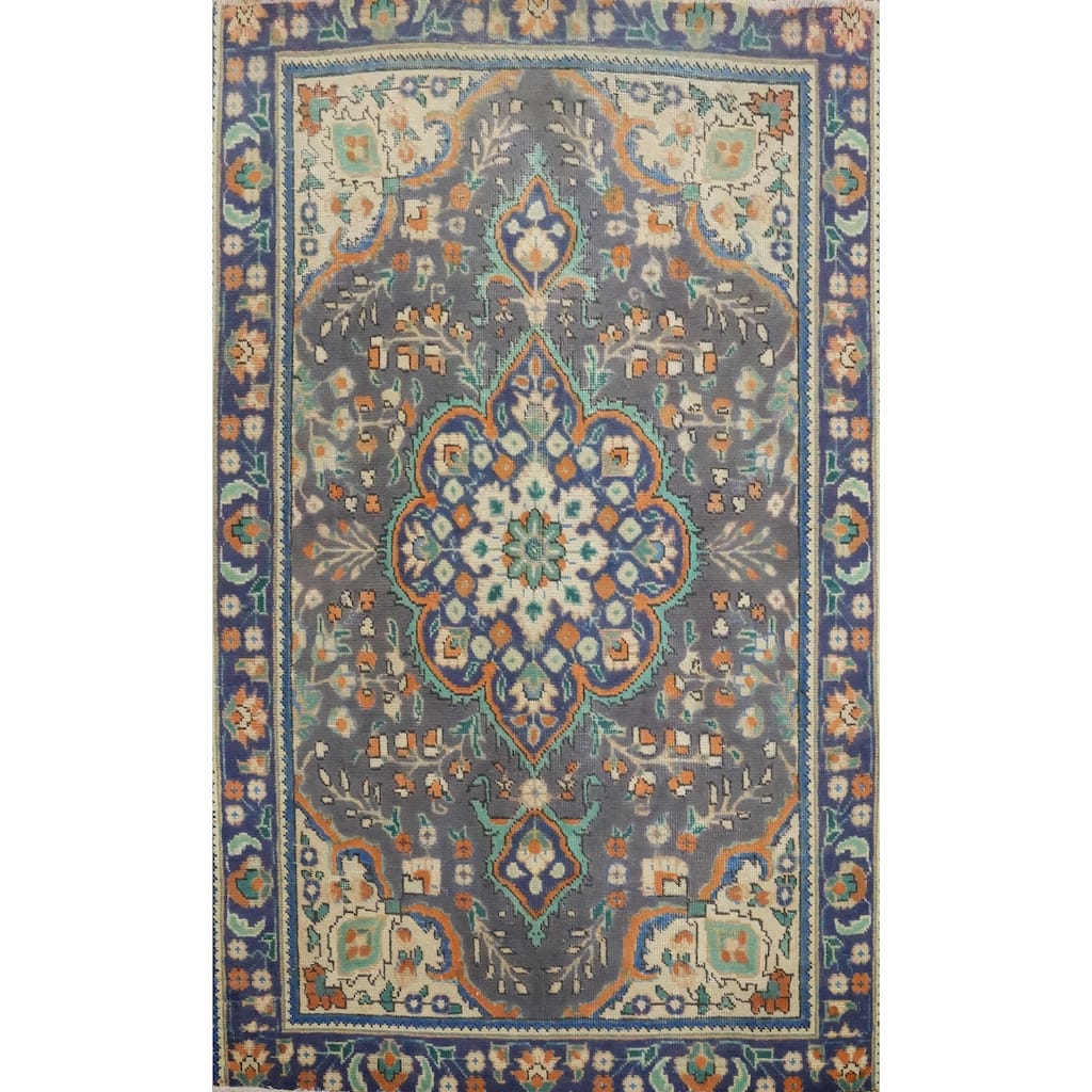 Hand Knotted Oriental 100% Wool Carpet Traditional Floral Greys & Charcoal Tabriz Area Rug - 4' 7'' X 3' 1''