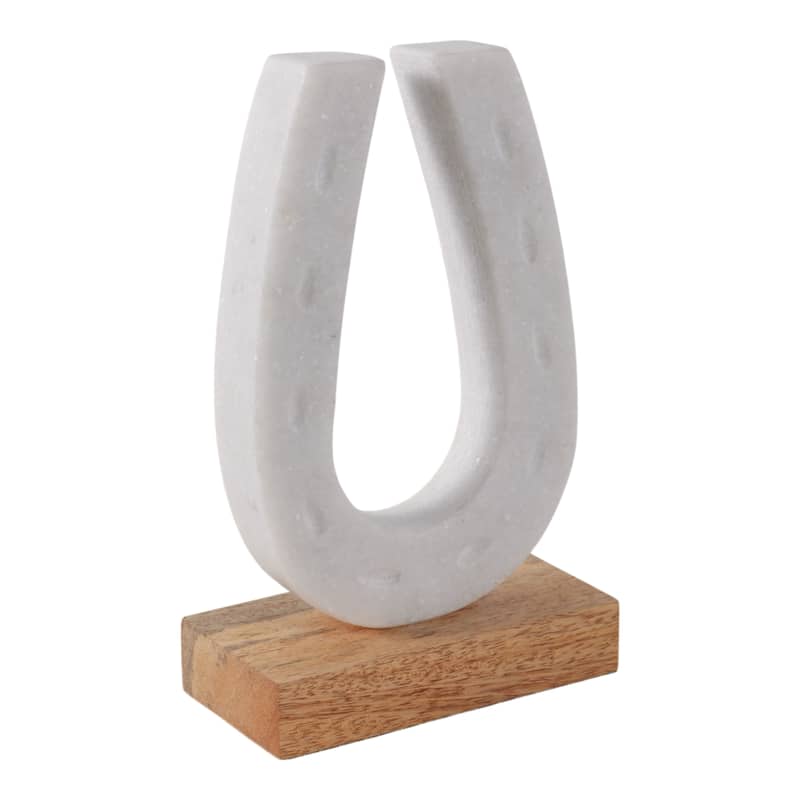 Marble Horseshoe Figurine with Wooden Base - 8", White & Brown - 8.25"