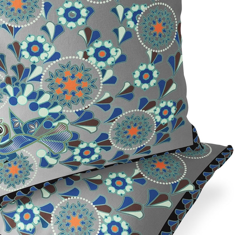 HomeRoots Set of Two 16" X 16" Gray and Orange Peacock Blown Seam Floral Indoor Outdoor Throw Pillow - 16.00' X '16.00' X '5.00