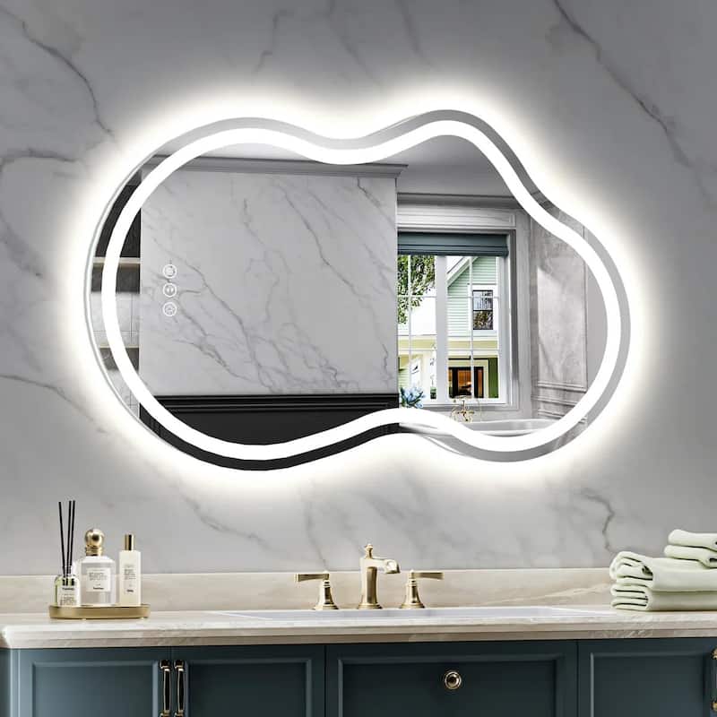 Irregular Front & Back LED Lighted Anti-fog Tempered Glass Wall Bathroom Vanity Mirror, ETL Certified, 3-Year Warranty - 32"x20"