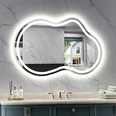 Frameless Asymmetrical Mirror Front & Back Lighted Bathroom Vanity Mirror Anti-Fog, 3 Colors Touch Irregular Mirror