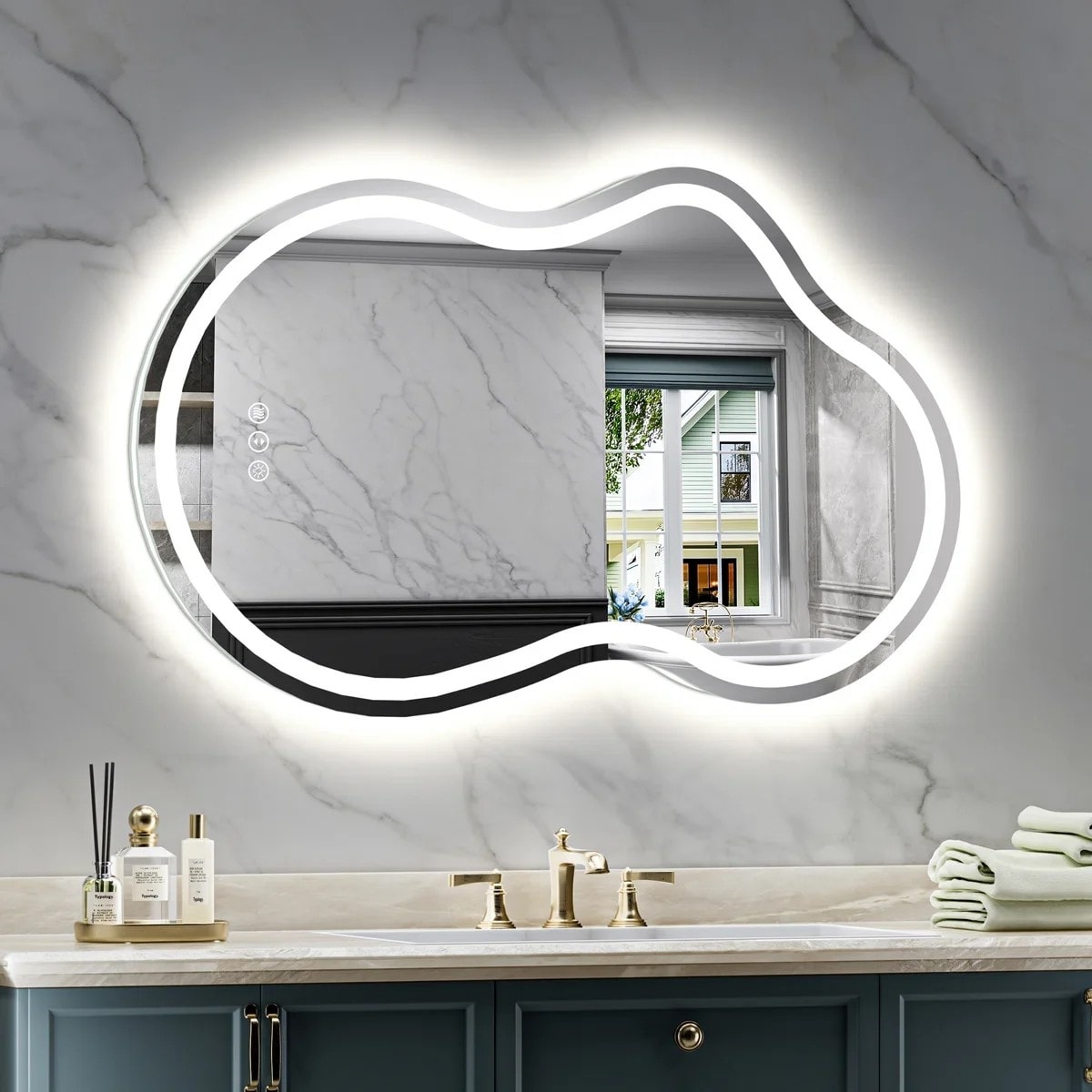 Irregular Double LED Lighted Anti-fog Tempered Glass Wall Bathroom Vanity Mirror, 3-Year Warranty&ETL Certified