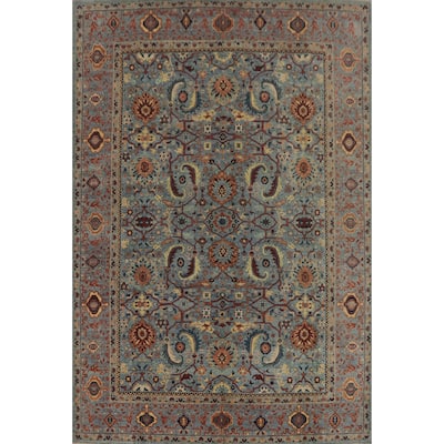 Hand Knotted Traditional Wool Blue Geometric Area Rug - 12' 1'' X 9' 3''