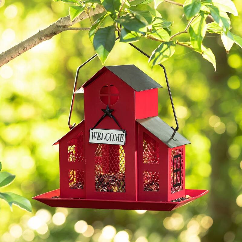 Glitzhome 12"H Metal Red House Hanging Birdfeeder