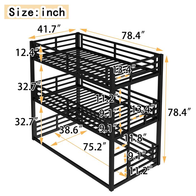 Metal Triple Bunk Bed, Twin over Twin over Twin, Black, Heavy-duty, Noise-reduced Design with Safety Guardrails