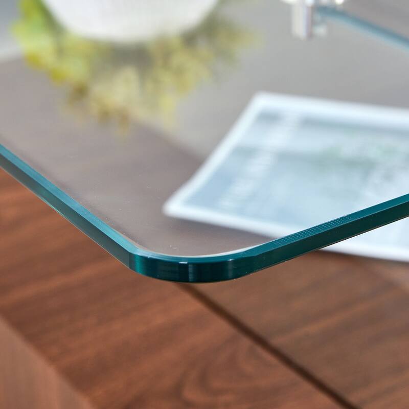 Roomfitters Square Glass Coffee Table with Walnut Finish, Two-Tier Modern Accent Table for Compact Spaces
