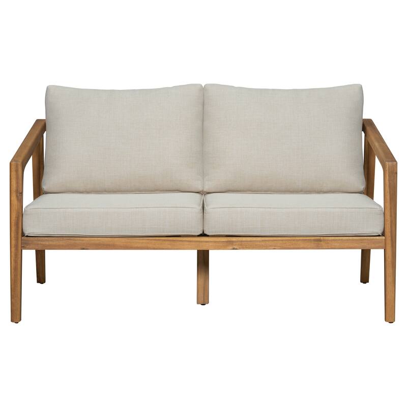 Christopher Knight Home - Thaddeus Patio Acacia Wood Open-Side Loveseat with Removable Cushion.