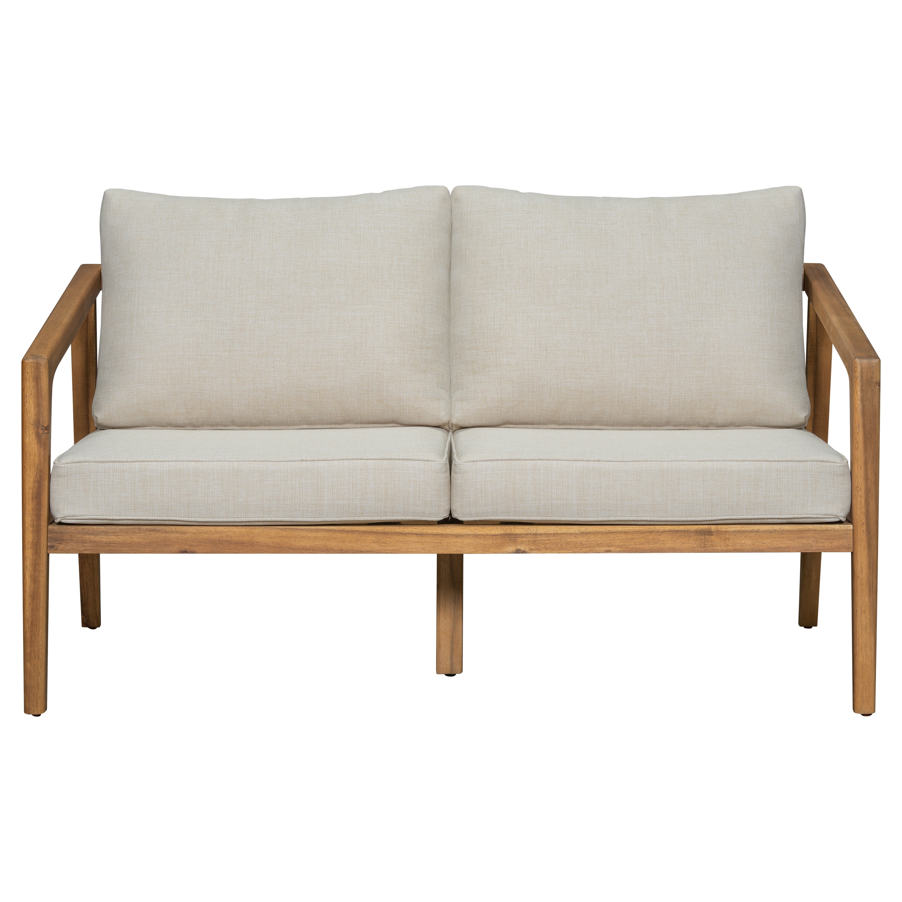 Roomfitters Westin Outdoor Acacia Wood Loveseat with Open Side Design, Teak Finish and Beige Cushions