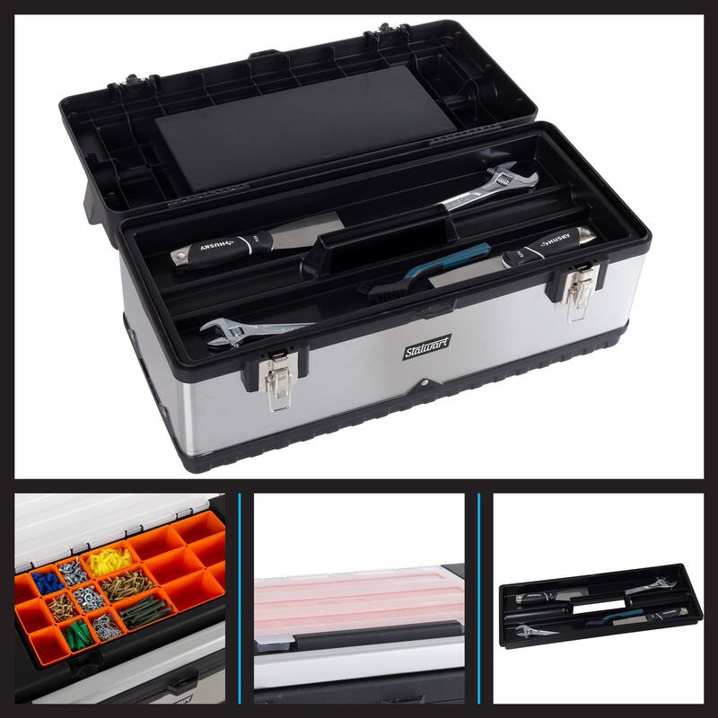 Tool Box with 18 Bins and Removable Tray - Portable Metal and Plastic Tool Tote with Ergonomic Handle by Stalwart