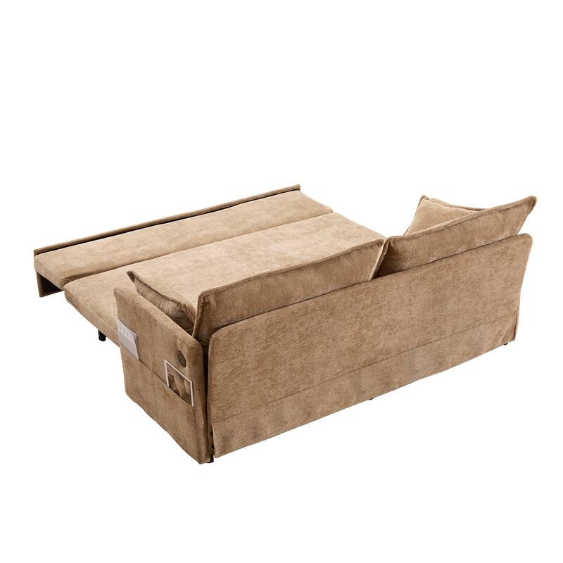 59.5" Ergonomic Sofa Bed with Storage & Charging - Supportive Chenille Convertible Sleeper, 800lb Capacity, Side Pockets