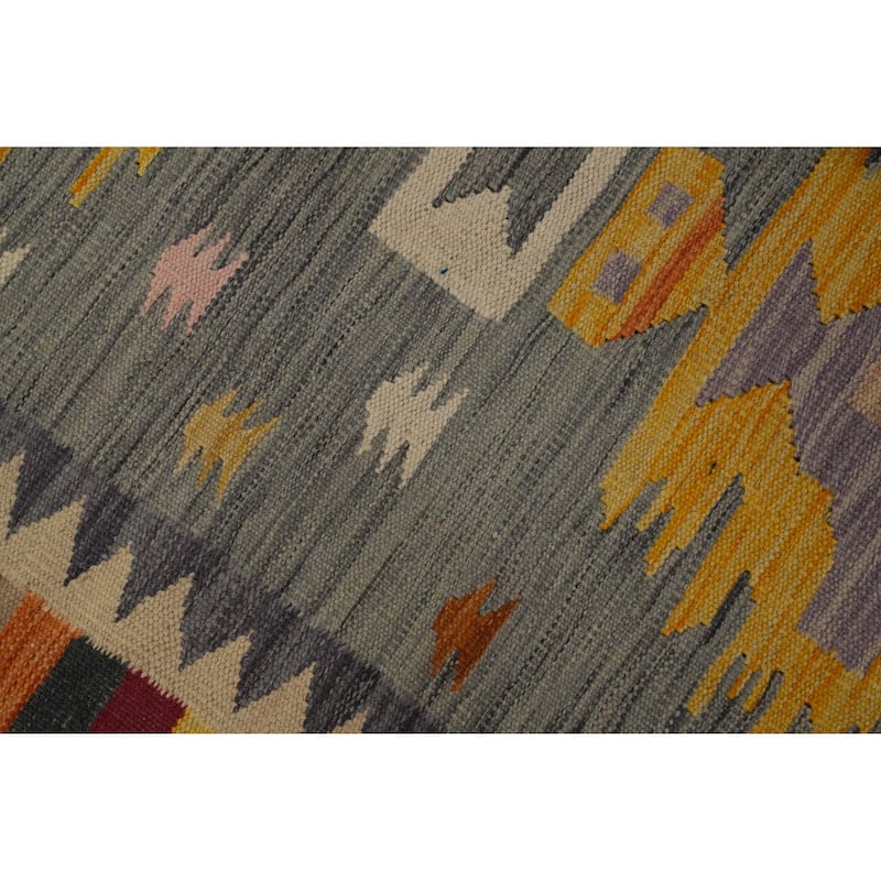 Hand Woven Oriental 100% Wool Carpet Southwestern Tribal Greys & Charcoal Kilim Runner Rug - 11' 9'' X 2' 10''
