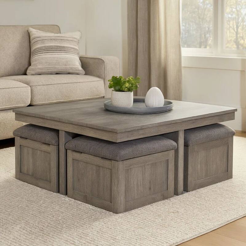 Mizo 5 Piece Coffee Table Set, 4 Nesting Storage Ottoman, Gray Finish