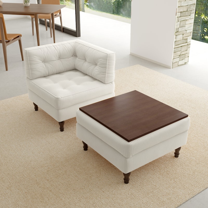 Corduroy Tufted Accent Chair Armchair and Ottoman Set