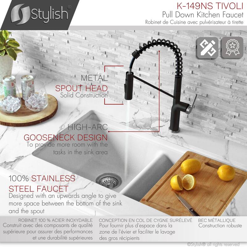 STYLISH Stainless Steel Single Handle Pull Down Sprayer Kitchen Faucet - Faucet Height: 16 3/4" | Spout Height: 7 1/2"