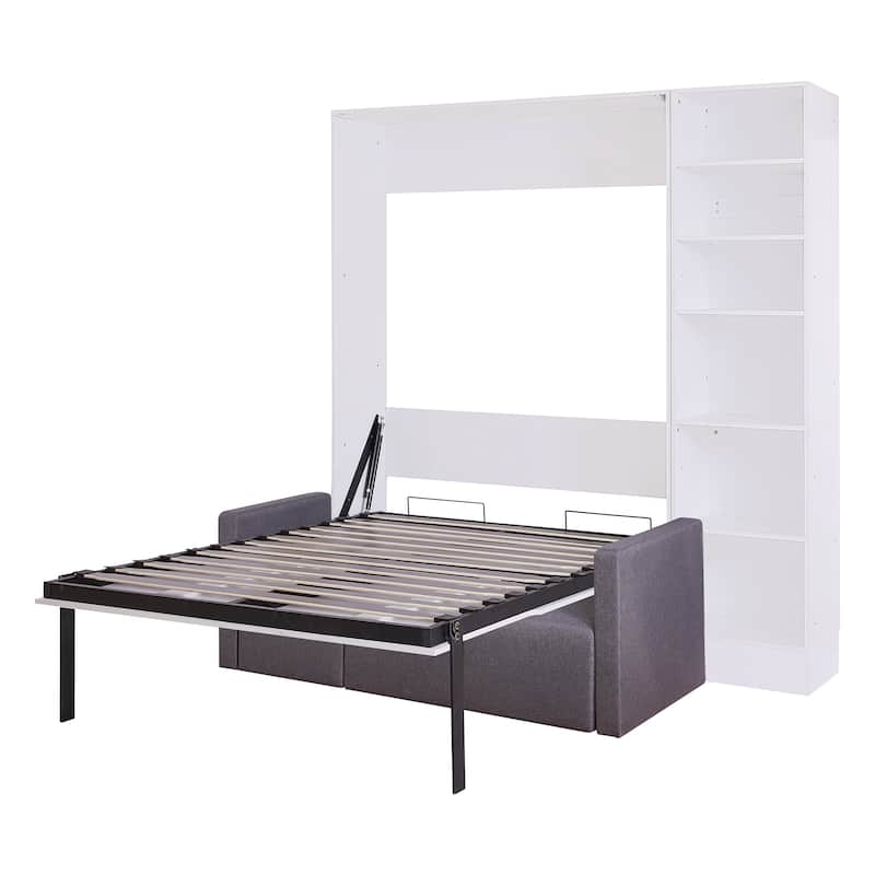 Twin Murphy Bed with Sofa, Shelves - White+Black