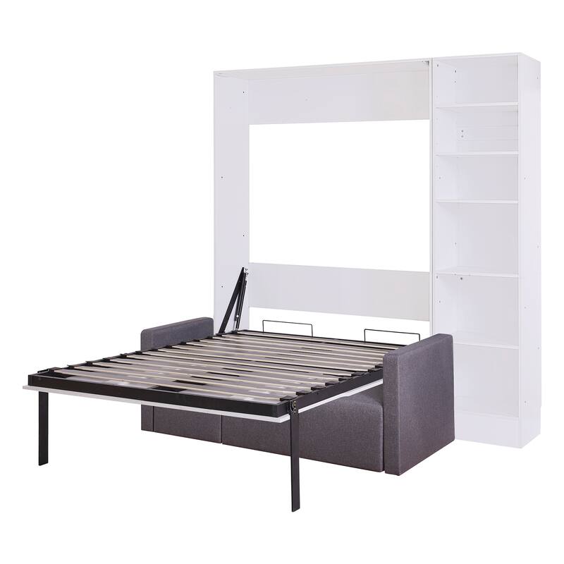 White Full Size Murphy Bed with Sofa and Built-in Shelves, Space-Saving Design