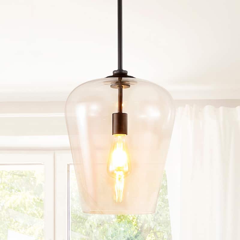 Ikon 11.25" 1-Light Industrial Farmhouse Iron/Glass LED Pendant, Oil Rubbed Bronze/Clear by JONATHAN Y - Oil Rubbed Bronze/Clear