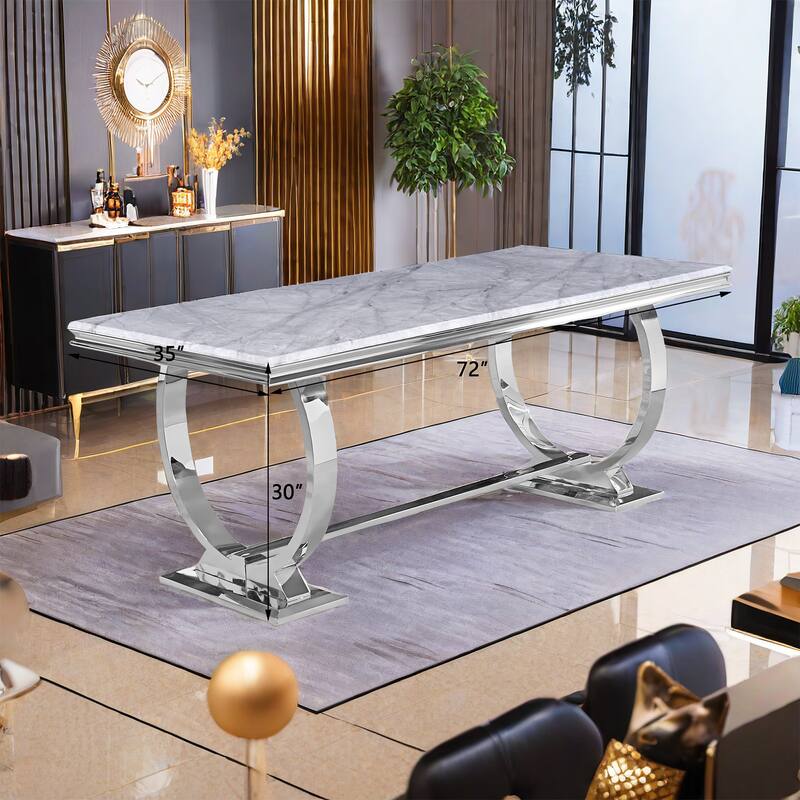 72 inch Rectangle Dining Room Table with Mirror Silver Double Circle Pedestal