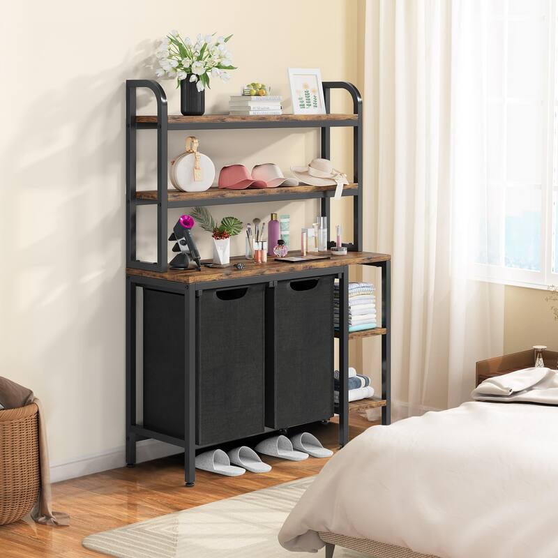 Laundry Hamper with Shelves, 2 Section Laundry Sorter with Side Shelves
