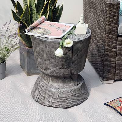 14.6 Inch Round Accent Table, Faux Wood Stump Stool, Patio End Table, Garden Stool, Plant Stand, Wood Grain Finish
