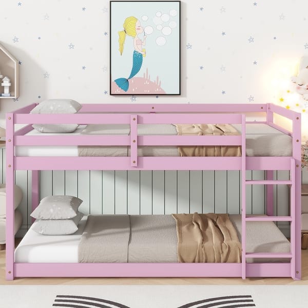 slide 2 of 9, Solid Wooden, Solid Rubber Wooden Twin over Twin Loft Bed with Ladder, with Bed Platform of Strengthened Slats Pink - Twin over Twin