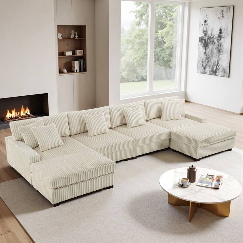 Modular Cotton Flannel Plush Sectional Sofa with Ottomans