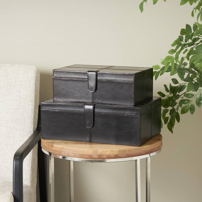 Leather Handmade Decorative Box with Hinged Lid - Set of 2 Gray, Brown, Dark Brown, Gold, Silver - Roche River Decor