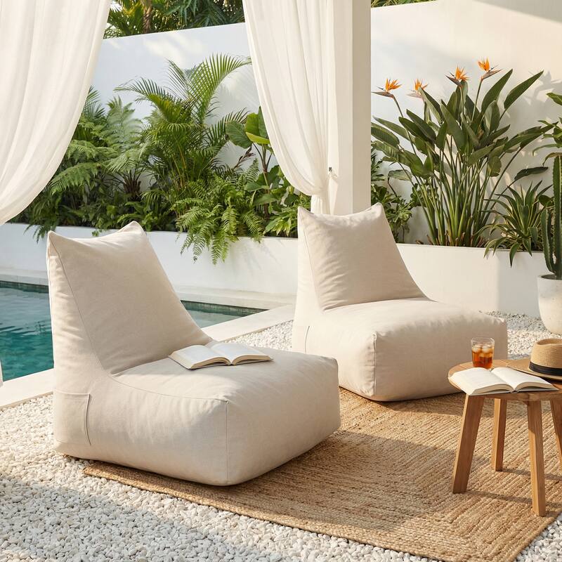 Christopher Knight Home - Lila Outdoor Patio Ergonomic Upholstered Bean Bag Chair with Shredded Foam Filled & Removable Cover - Beige - Set of 2