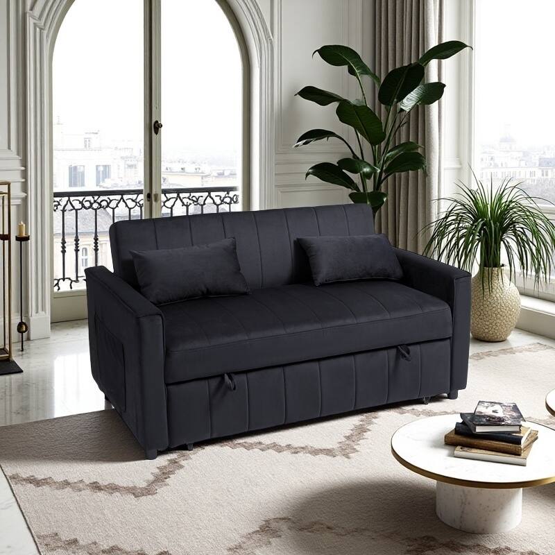 3-in-1 Velvet Pull Out Couch with Armrests - Black