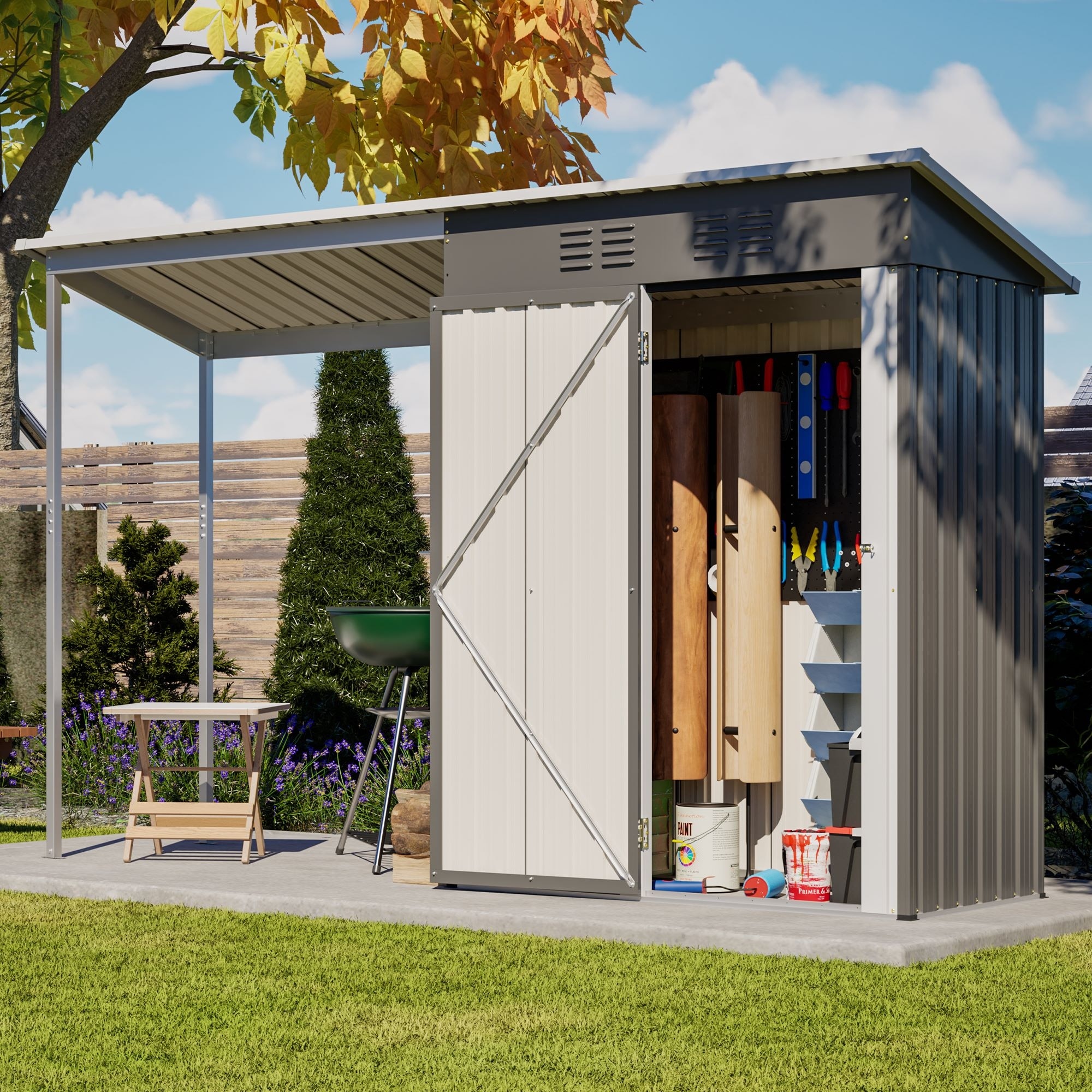 5x3FT Outdoor Lean-To Shed with Attached Pergola - Lockable Storage, All-Weather Steel Frame, Ground Anchors