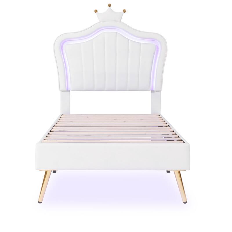 Twin Size Upholstered Bed Frame with LED Lights, Crown Headboard