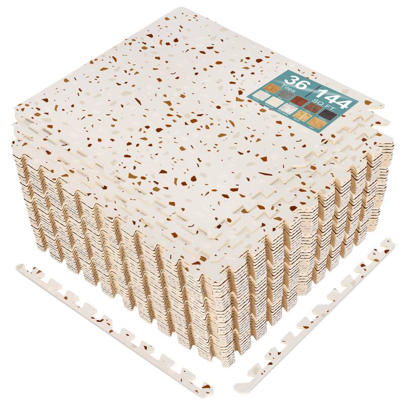 Sorbus 144 Sq. Ft. Wood Grain Floor Tiles Foam Mat EVA Interlocking Mats Tile 3/8-Inch Thick Flooring Wood Puzzle Exercise Mats - Terrazzo Marble