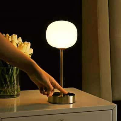 Xavier 12.25" Modern Minimalist Iron Wireless Rechargeable Integrated LED Table Lamp, Nickel/White by JONATHAN Y