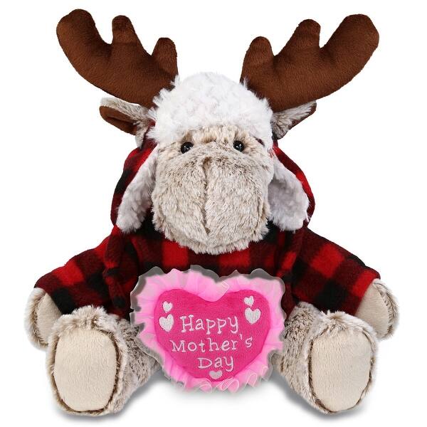 slide 2 of 5, DolliBu Happy Mother’s Day Super Soft Plush Red Plaid Outfit Moose - 9 inches