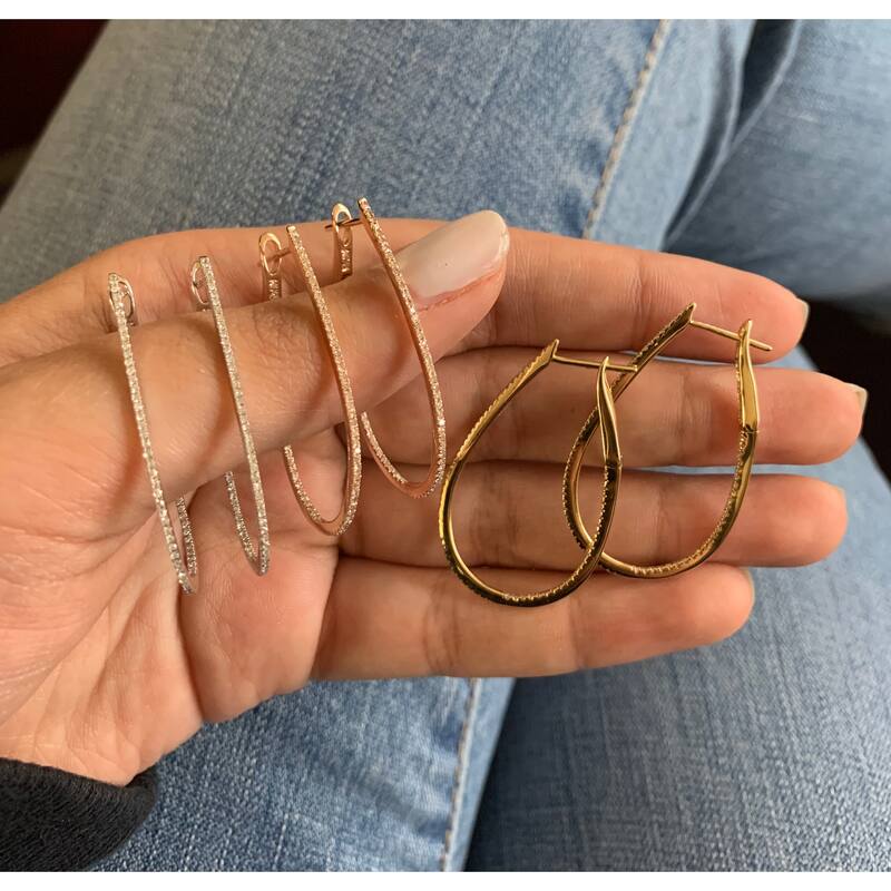 Joelle Collection Inside Out Diamond Thin Pear Hoop Earrings 1.5" Drop 14K Gold 3/8ct TDW