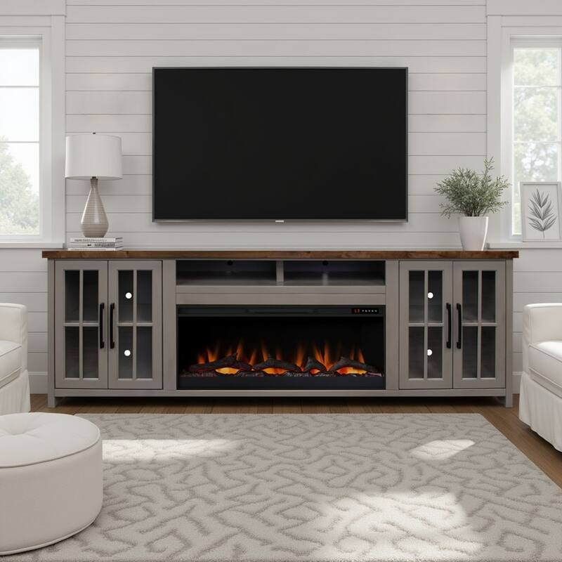 Bridgevine Home Modern Farmhouse 97 inch Fireplace TV Console for TVs up to 100 inches, Two-Tone Finish