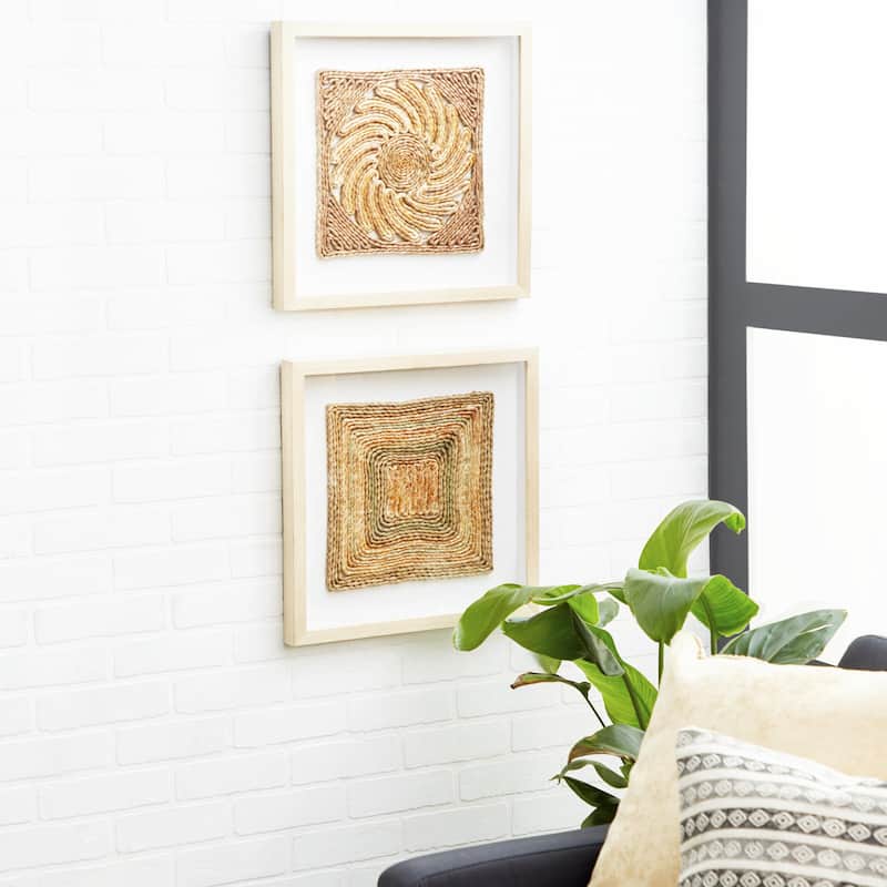 Wooden Geometric Woven Shadow Box - Set of 2 Light Brown - Roche River Decor