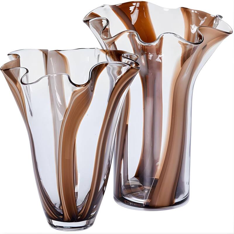 Set of Two Handblown Striped Chocolate Brown Vases - Brown