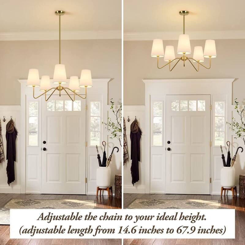 5-Light Modern Chandelier with White Shades,30"Brass Gold Chandelier,Classic Pendant Ceiling Light Fixture w/ E12 Base