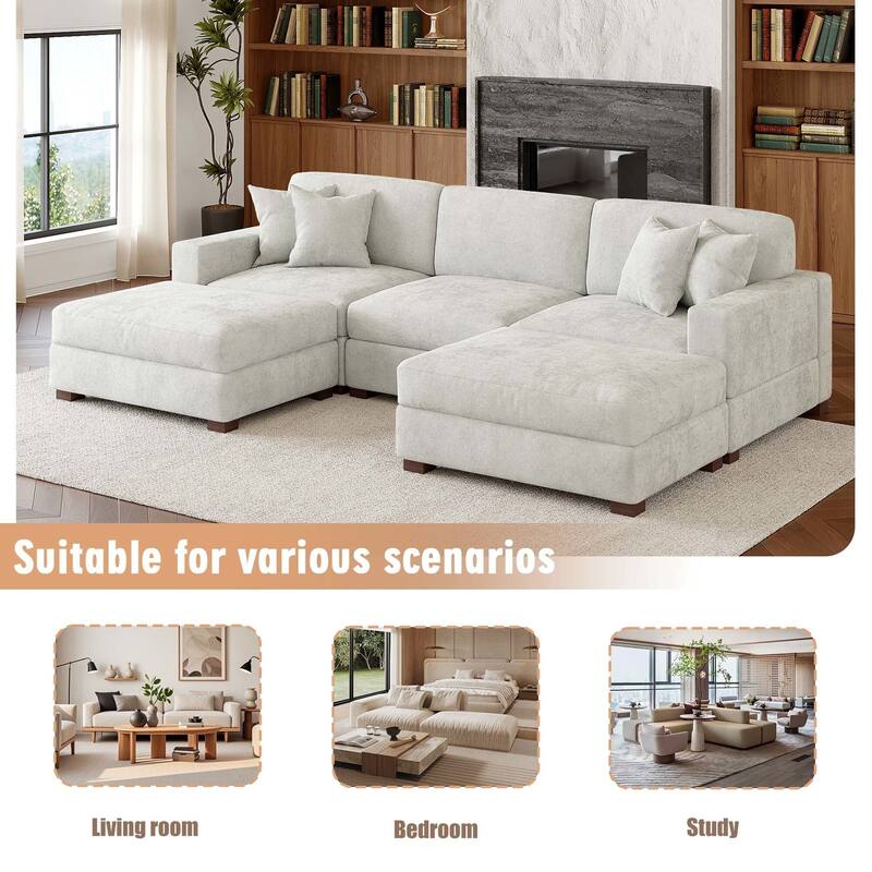 Oversized Chenille Modular Sectional Sofa Conversation Set with 2 Ottomans