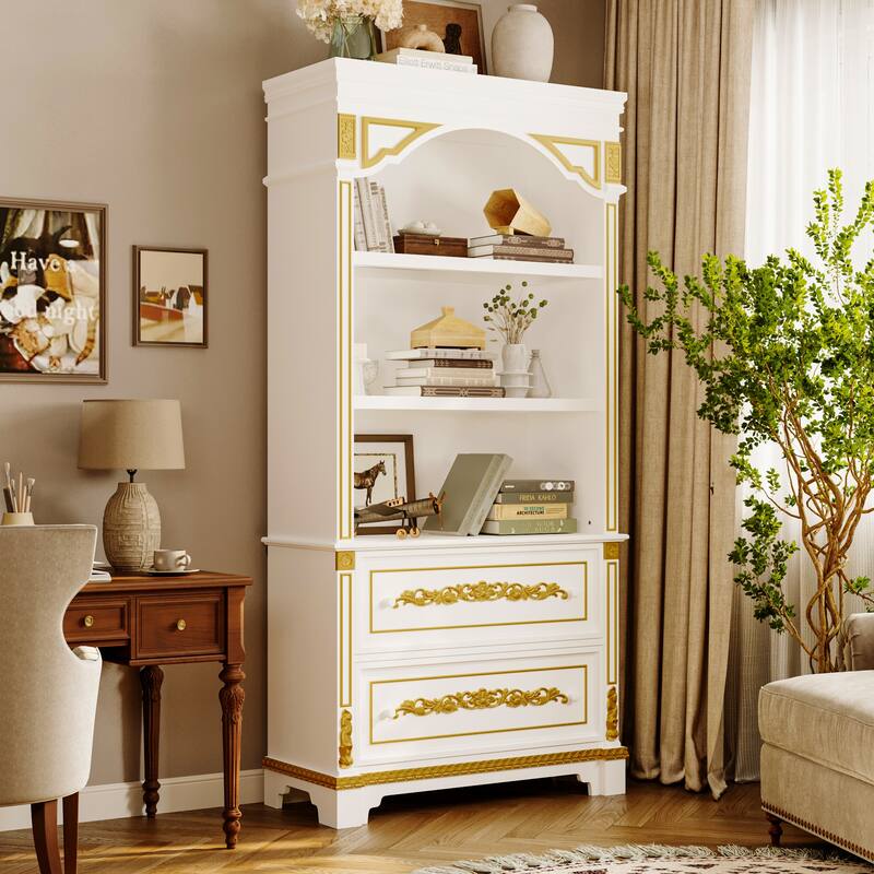 Display Cabinet with Drawers Tall Wine Bar Bookcase with LED Light Glass Shelves, Carved Solid Wood Front, 76.6"