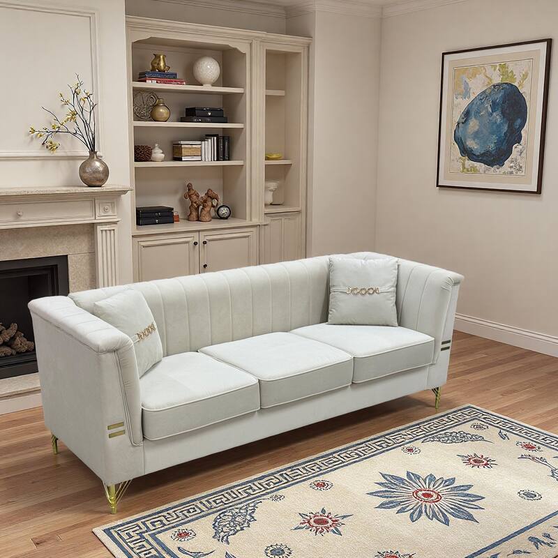 Chesterfield Velvet Button Tufted Sofa, Luxury 3-Seater Couch with 2 Pillows