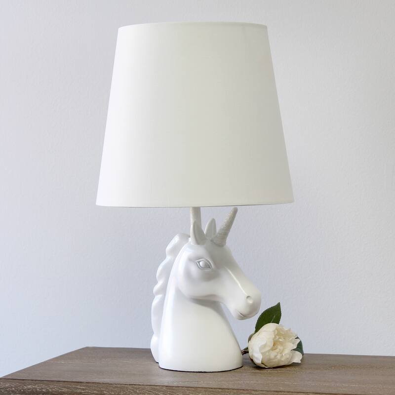 Simple Designs 15.5" Sparkling Glitter Unicorn Table Lamp, White with Blue Glitter, With LED Bulb