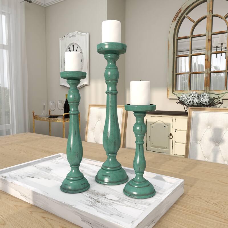 Teal Wooden Distressed Turned Decorative Candle Holder (Set of 3)