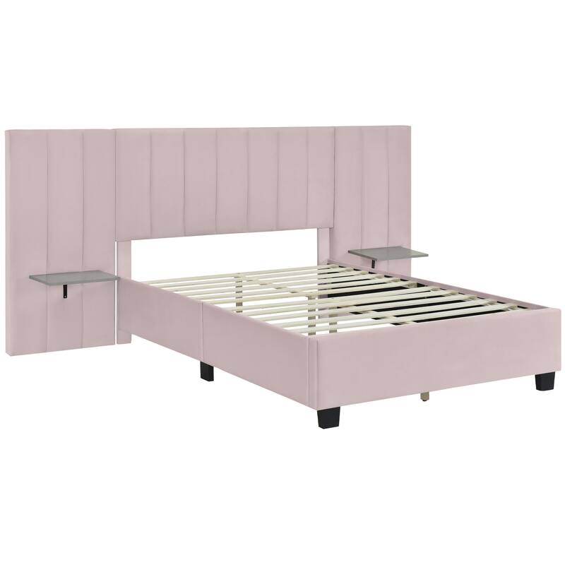 HomeRoots Pink Tufted Velvet Upholstered Lighted Full Bed Frame