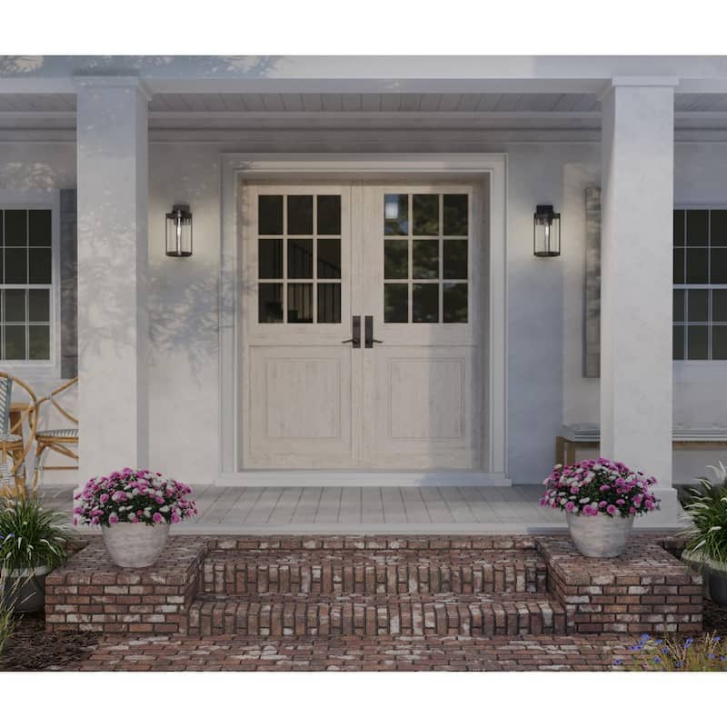 Whitmire Collection One-Light Matte Black with Aged Oak Accents Clear Seeded Glass Farmhouse Outdoor Wall Lantern Light